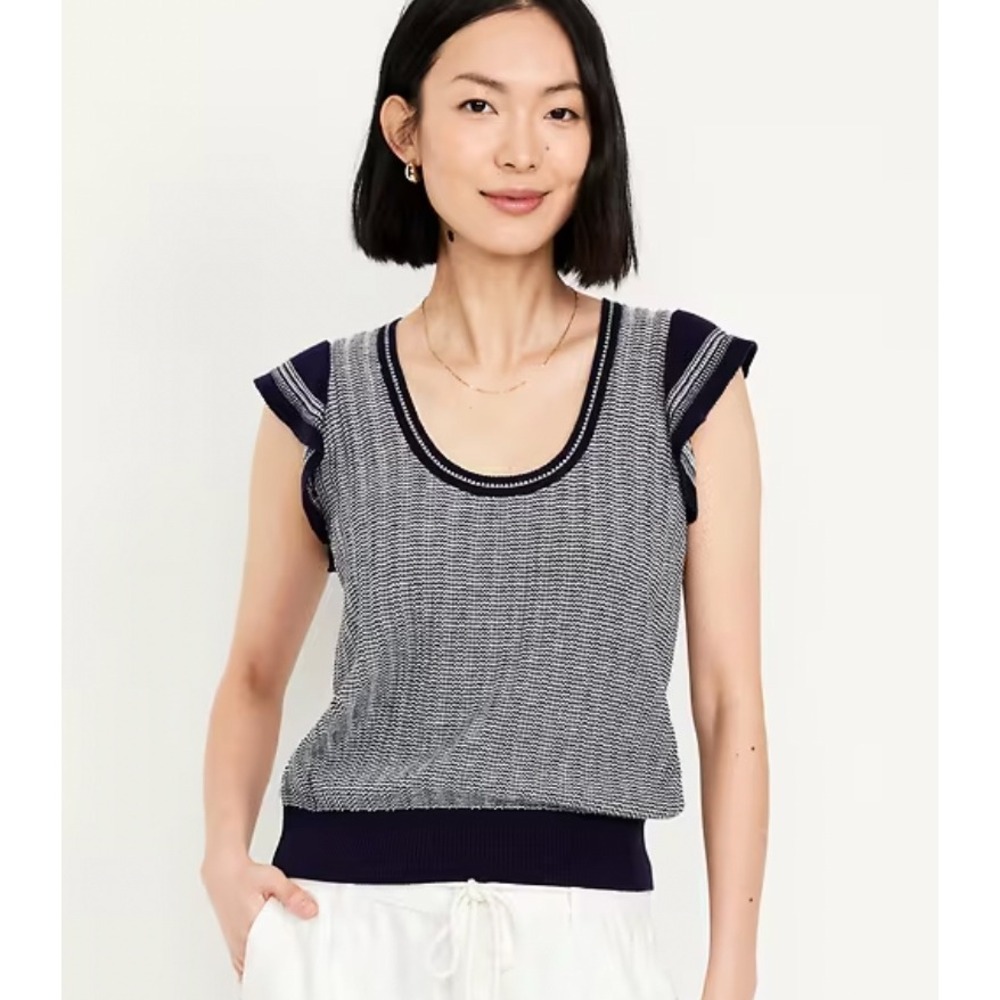 Old Navy Cottagecore Nautical Knit Sweater Top Women Medium Ruffle Cap Sleeve